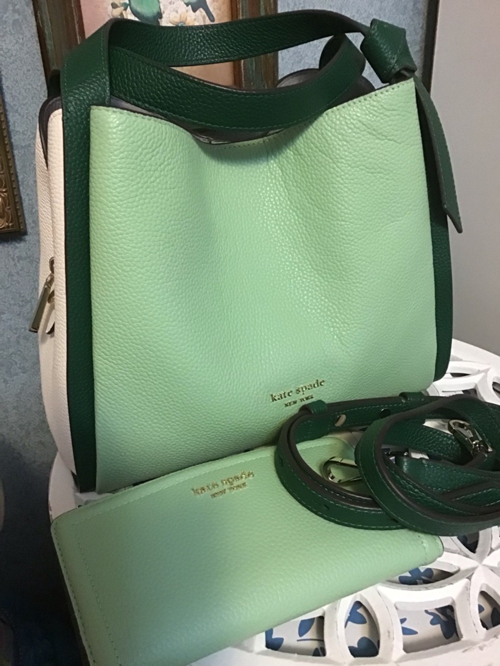 Kate spade Knott satchel and wallet set colorblock greens